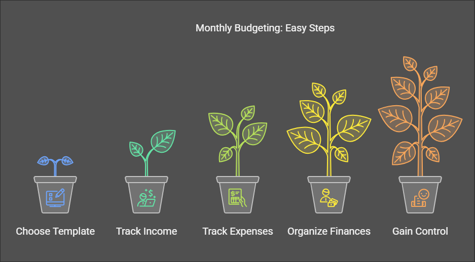 Illustration showing five stages of monthly budgeting: Choose Template, Track Income, Track Expenses, Organize Finances, Gain Control. Each stage is represented by a growing plant in a pot.